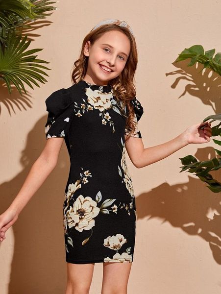 

girls floral mock neck puff sleeve fitted dress she, Red;yellow