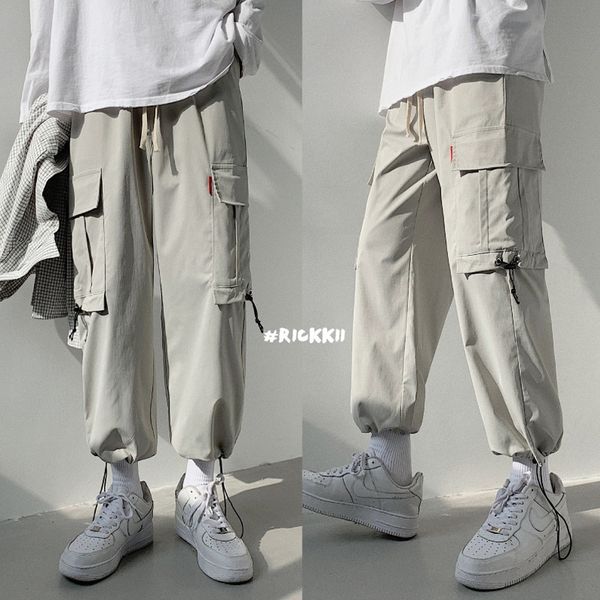 

overalls men's summer thin ins pants capris korean fashion loose and versatile drawstring leggings casual, Black