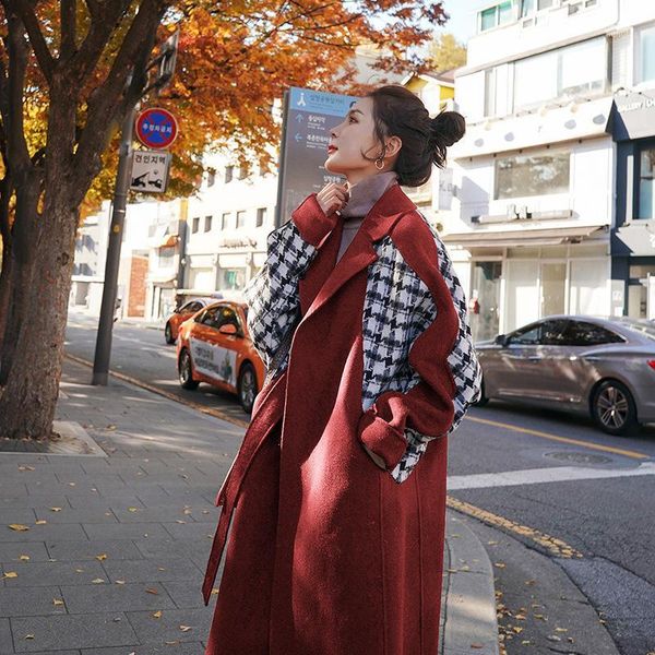 

film red coat more female in long winter 2021 popular han edition loose stitching grid cloth coat1, Black