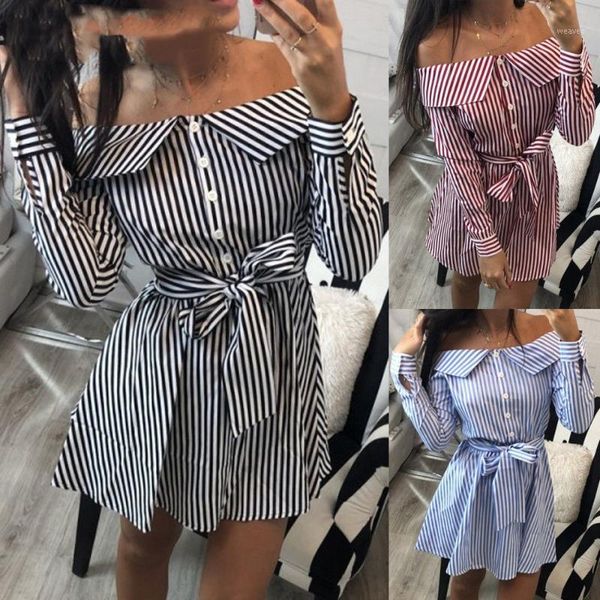 

summer women shirt fashion lace up dress ladies off shoulder shirt casual button fly long sleeve loose short mini dresses1, Black;gray
