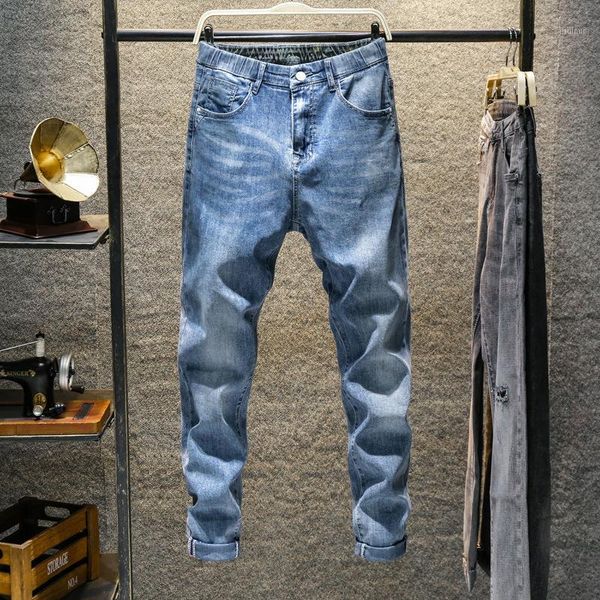 

spring fashion jeans men washed denim bleached scratched full length solid color casual cowboy harem pants wild1, Blue