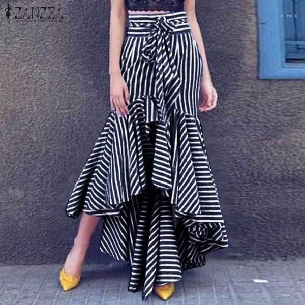 

stylish women striped skirts zanzea spring high waist asymmetrical hem skirts casual high low ruffles skirt faldas mujer jupe1, Black
