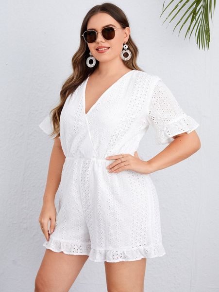 

plus eyelet embroidery flounce sleeve ruffle hem romper b01o#, Black