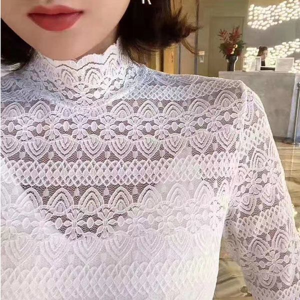 

fashion 2021 new flower embroidered female lace blouses spring summer see through streetwear ladies long shirt sleeves y0cx, White