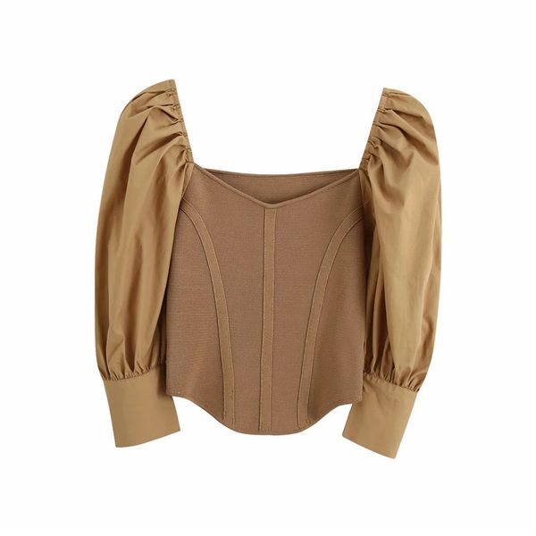 

2021 new women blouses vintage poplin puff sleeves cropped knitted raing female fashion square collar chic za5o, White