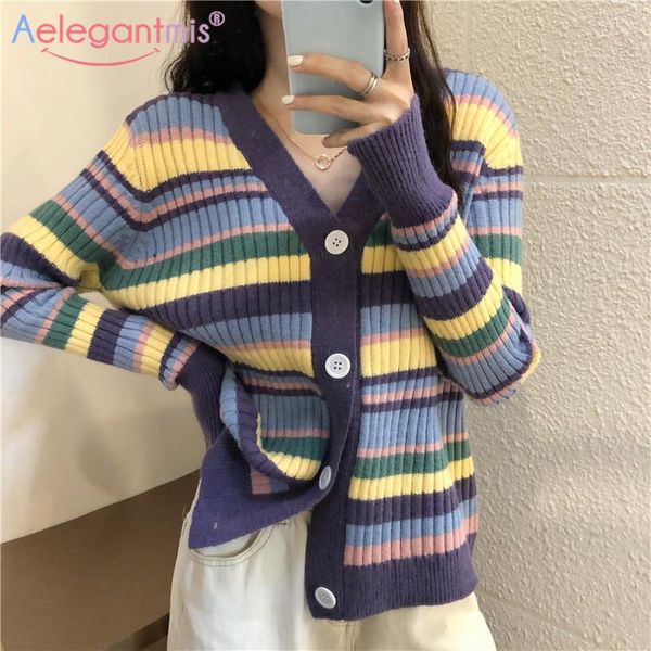 

women's knits & tees aelegantmis knitted cardigans sweater for women autumn v neck long sleeve rainbow striped cardigan sweaters ladies, White
