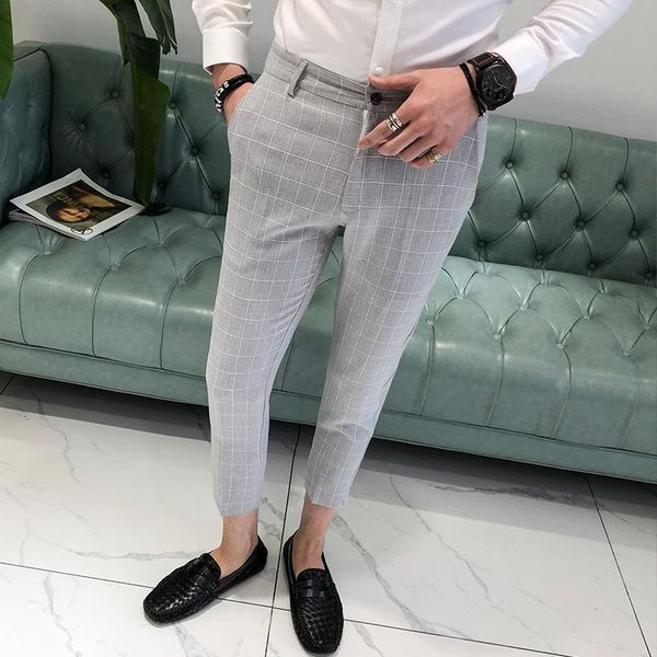 

2021 england style plaid men pants summer thin fashion calf-length trousers male black gray men's slim fit casual suit pants