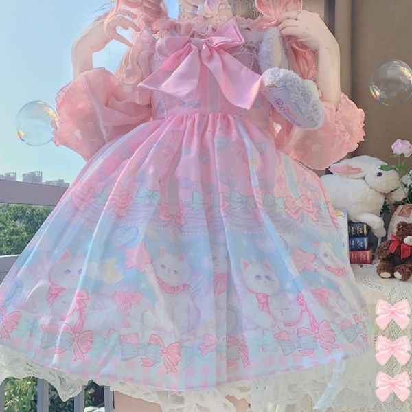 

women dress japanese sweet bow dreamcatcher lolita sleeveless lace suspender dresses women clothes summer drop shipping, Black;gray
