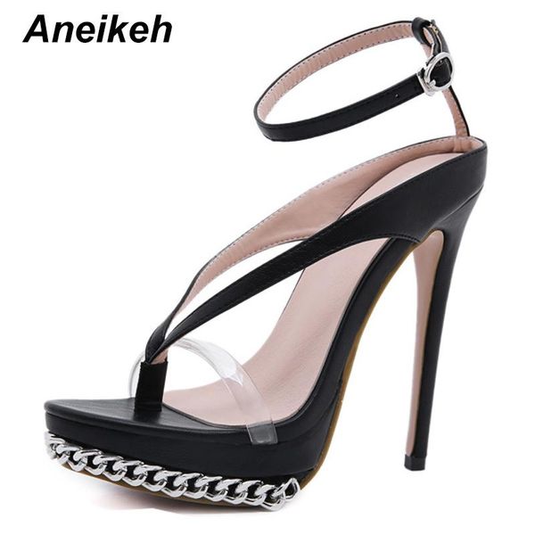 

sandals aneikeh summer women shoes gladiator pu fashion chain thin heels buckle strap back dress round toe black 34~42