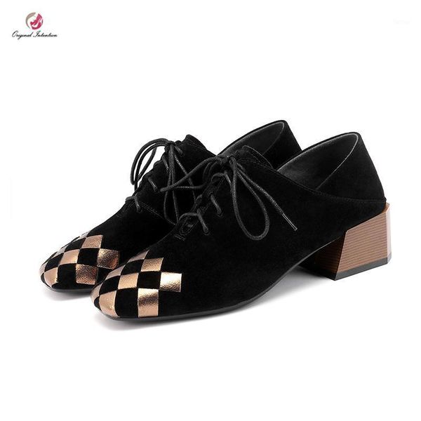 

original intention mid square heels square toe shoes woman mixed colors black gold grids shoes fashion lady mature office1