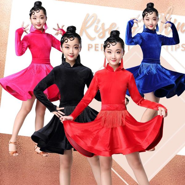 

stage wear 2021 rumba samba children cha tango skirt standard salsa girls spandex latin dresses for dancing ballroom dance dress, Black;red