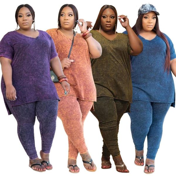 

tie dyeing print plus size two piece tracksuit women casual sportswear outfits short sleeve loose tshirts and tight legging suit, Gray