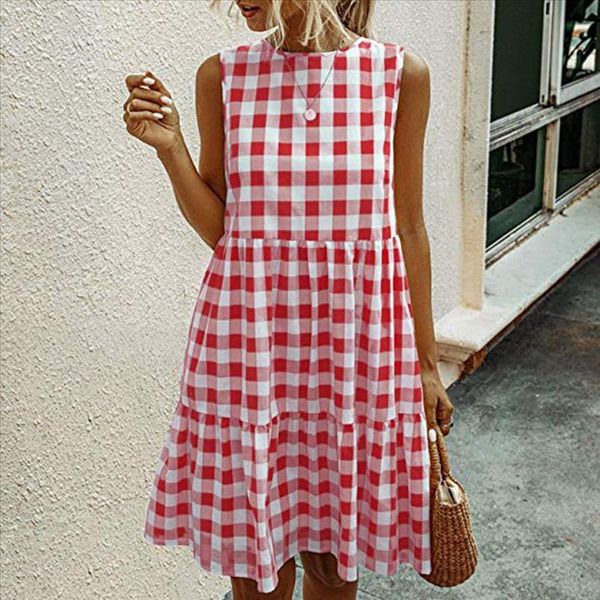 

plaid womens dresses sleeveless sundress summer plus size dresses for women casual a line loose swing dress ropa de mujer, Black;gray