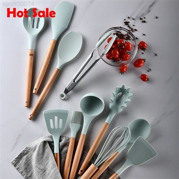 

accessories silicone utensils non-stick spatula shovel wooden handle cooking set kitchen tools hot