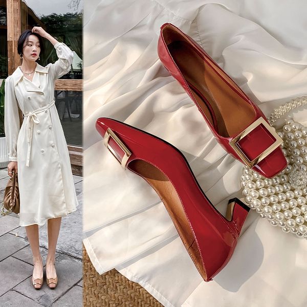 

2020 leather french romantic toe square foot buckle decoration young lady elegant women women's party work 6o7f, Black