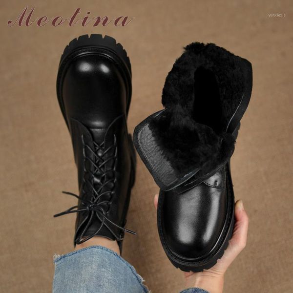 

meotina real wool fur real leather platform mid heel short boots women motorcycle boots shoes zip lace up thick heel ankle1, Black