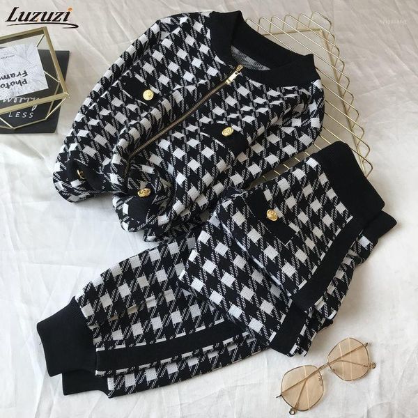 

women's tracksuits luzuzi women vintage button plover plaid ziipper knitted cardigans+lante pants 2021 autumn winte 2pcs set outfits1, Gray