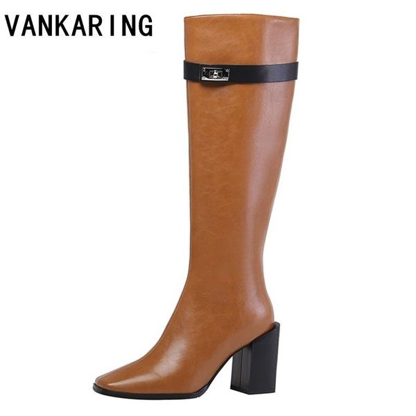 

2020 горячей продажи полная кожа женщины колено высокие сапоги пряжки моде простые длинные сапоги осень зима квадратные каблуки рыцаря женщи, Black