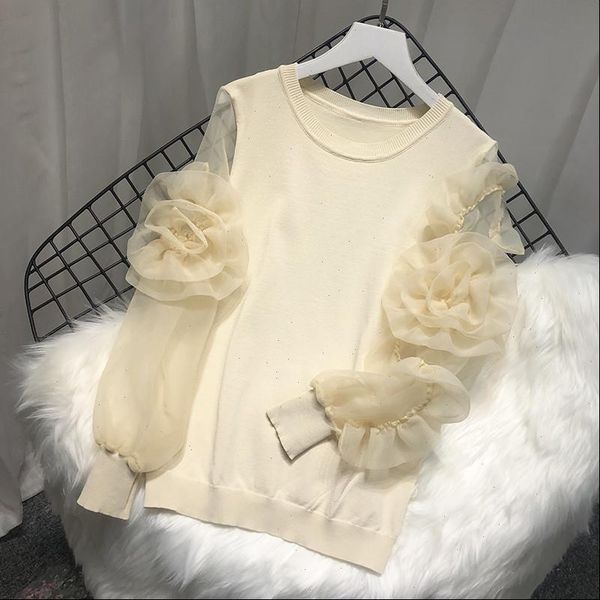 

women 2021 spring summer knitted organza patchwork lantern sleeve 3d flower pullover sweater fashion mujer femme, White;black