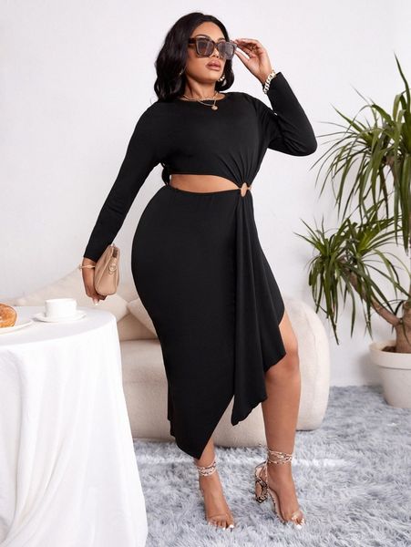 

sxy plus o-ring cut out waist draped front asymmetrical hem dress w6sq#, Black