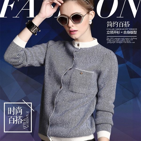 

2020 new autumn and winter thick cashmere sweater women's round neck long-sleeved blue striped cardigan short paragraph sli lj201112, White;black