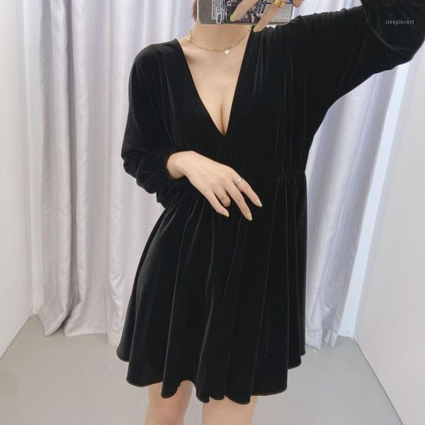 

new 2020 velvet black women dress deep v-neck long sleeve autumn winter dresses ladies plus size large vestidos1, Black;gray