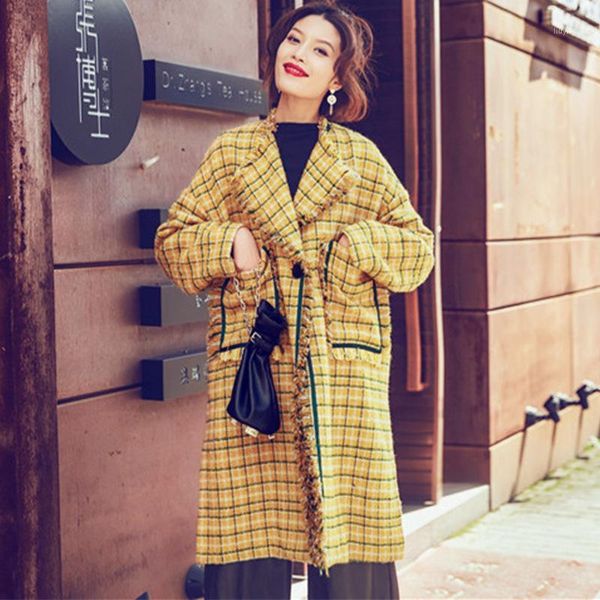 

wool plaid outerwear women yellow tassel long trench coat autumn winter plus size loose woolen windbreaker1, Black