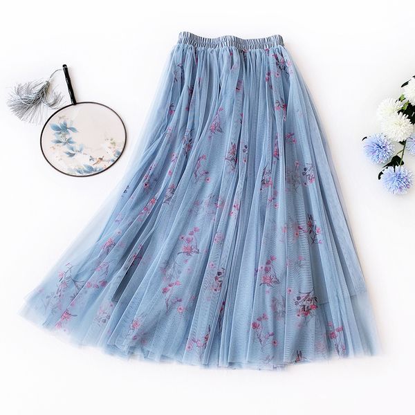 

2021 new sherhure high waist summer two layer mesh long skirts saia floral print women boho skirt pink jupe femme rmk9, Black