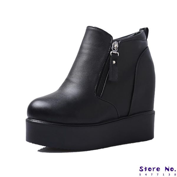 

women's ankle boots winter leather short plush warm boots for woman platform shoes ladies hidden heel ankle boot shoes, Black