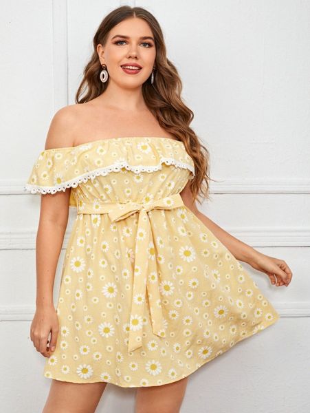 

plus daisy floral ruffle armhole belted dress q5dq#, Black