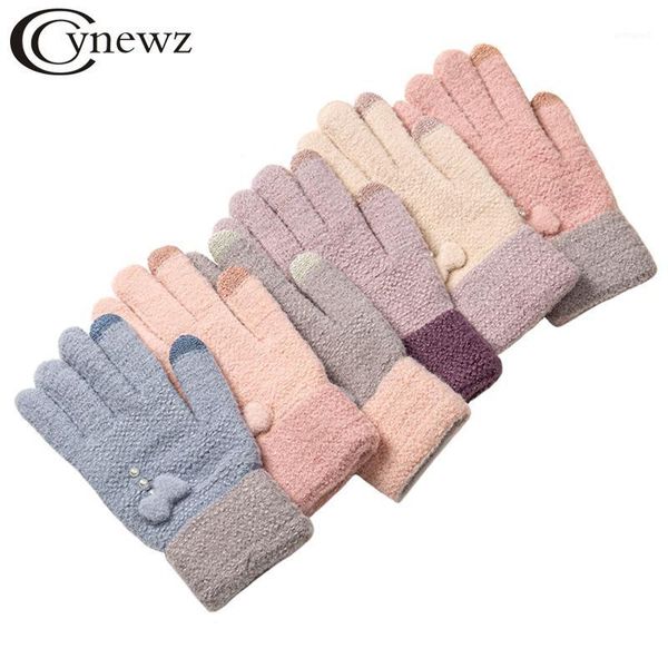 

five fingers gloves fashion female knitted winter bow-knot pearl decoration women outdoor full finger thick keep warm lady mittens1, Blue;gray