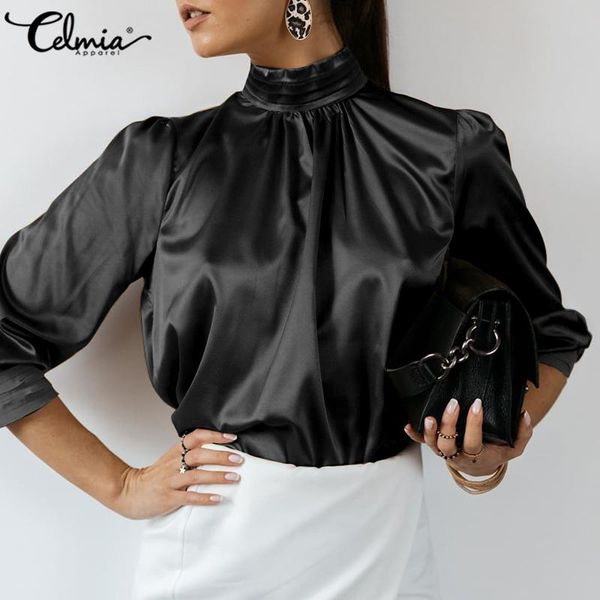 

women fashion turtleneck autumn long sleeve slik satin blouse celmia vintage pleated shirts elegant open back blusas 5xl, White