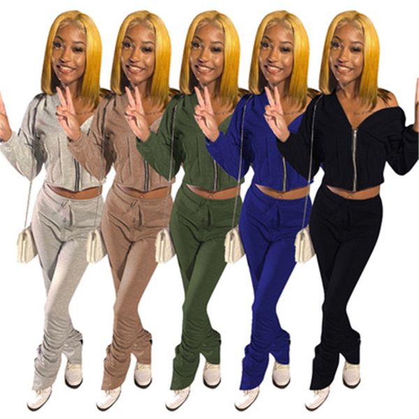 

women tracksuits fashion trend long sleeve zipper sweater coat folds split pencil pants suits designer female autumn new sports casual sets, Gray