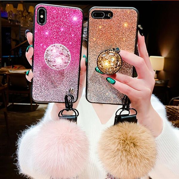 

3d luxury glitter diamond stand holder phone case hairball silicon iphone case for iphone samsung s9 s8 note 8