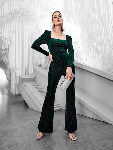 

square neck puff sleeve velvet flare leg jumpsuit i9jy#, White