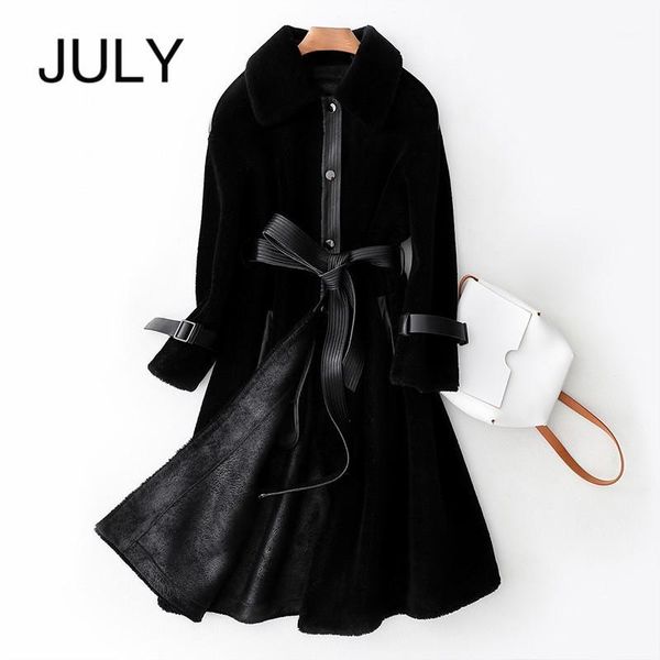 

july women's 100% pure wool leather coat black 2019 new wool fur coat long section with a slim self-service commuter warm jacket1