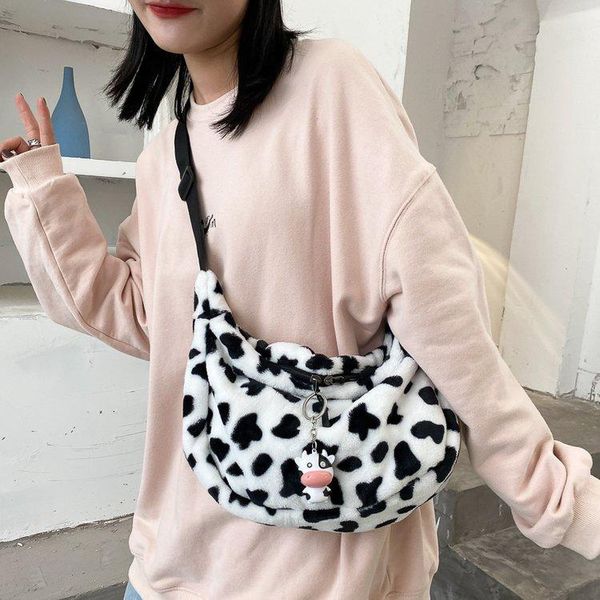 

plush cartoon messenger bag winter shoulder bag cute milk cow pattern handbag women solid color handbag christmas gift