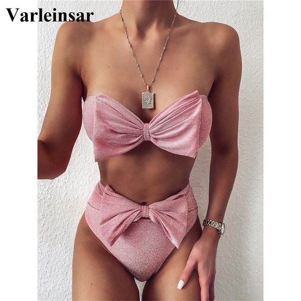 

bow strapless high waist bikini female swimsuit women swimwear two-pieces bikini set bandeau bather bathing suit swim v2172 t200508, White;black