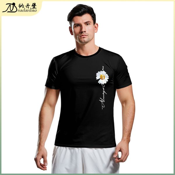 

new product daisy fashion loose summer round neck printed short sve t-shirt for men, Black