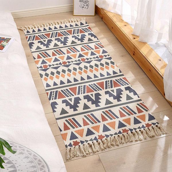 

hand woven carpet for living room long boho muslim bedroom non slip tassel floor mat cotton linen geometric area rug home decor1