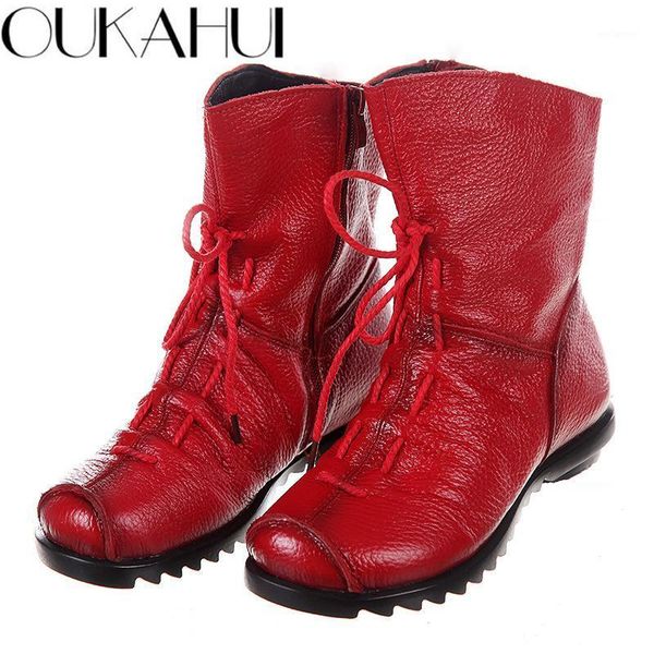 

oukahui chinese style genuine leather ankle boots for women spring flat low heel vintage soft comfort ladies boots shoes winter1, Black