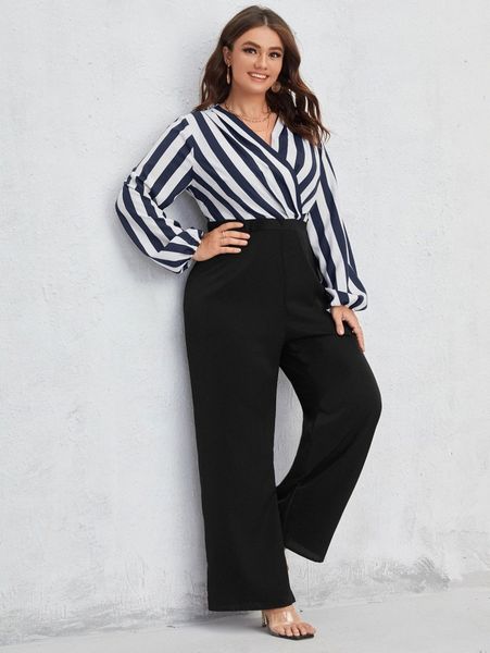 

plus striped surplice neck lantern sleeve 2 in 1 jumpsuit n0uq#, Black