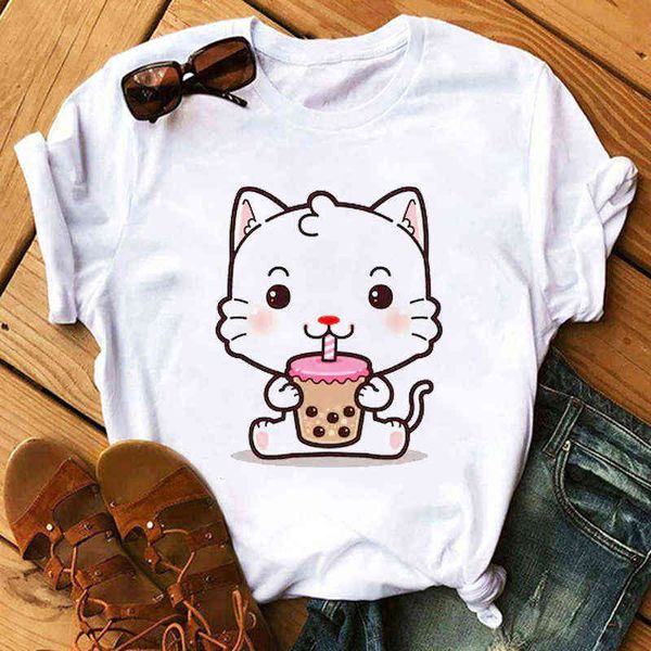 Cute Cat T-shirt Donna Streetwear Panda Graphic Tees Moda Tè al latte Stampato Donna Top Divertente Vintage Casual Maglietta femminile G220310