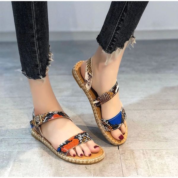 

summer women's sandals flats ladies sewing buckle female ankle strap sandal snake pattern woman shoes outdoor beach comfort 2021 #gw3l, Black
