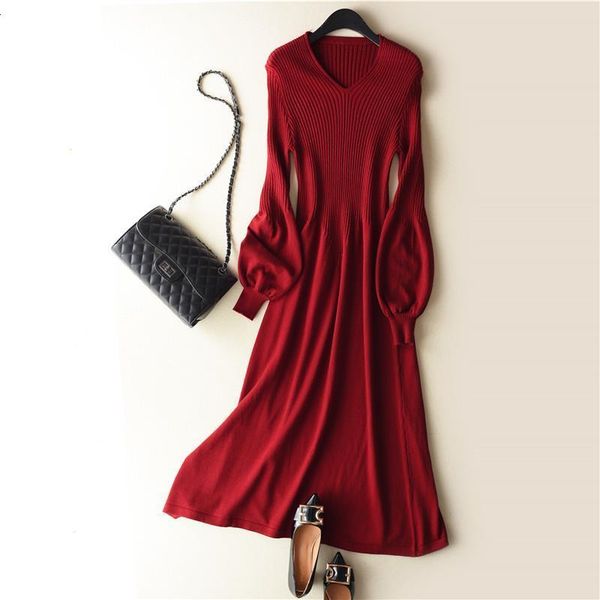 

2019 spring autumn latest style women's knitted cashmere wool sweater dress long style solid color v-collar lantern sleeve, Black;gray