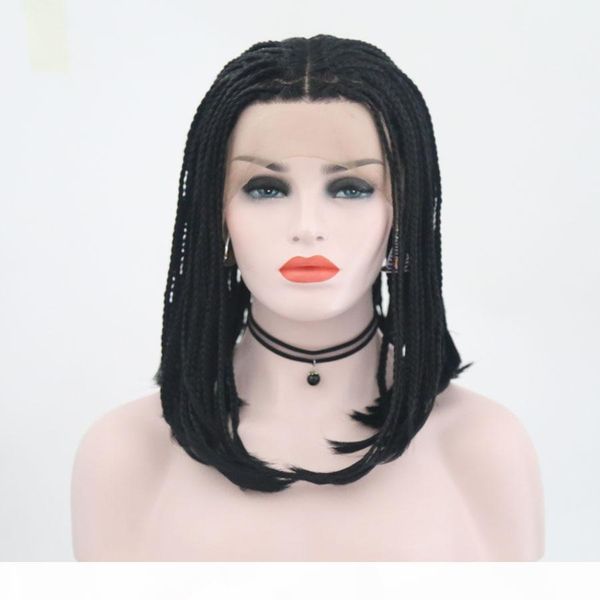 

3x box braided bob wigs synthetic wigs cosplay part lace front wig hand tied black heat resistant fiber hair wig for women