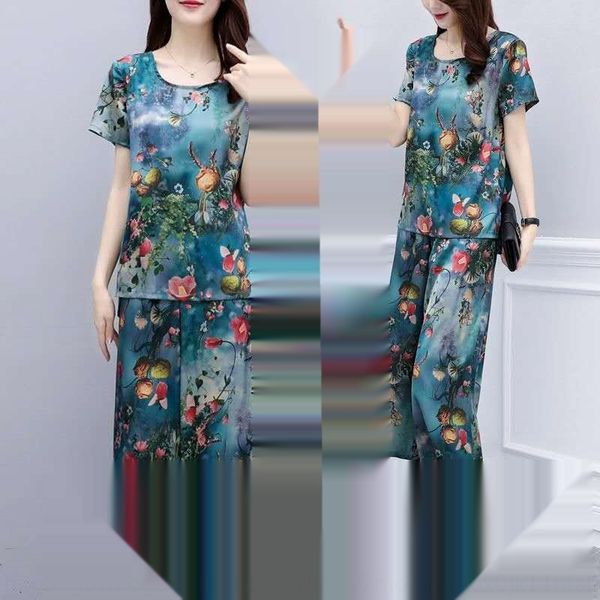 

broad lady set 2020 spring and summer new imitation ice silk wide- mom wear loose meat wide leg pants wide leg pants hiding fashion two-piec, Gray