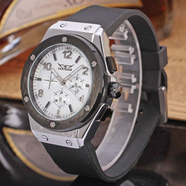 

mechanical automatic jaragar watch hollow multi-function tourbillon business three eye six pin men's watch silicone tape, Slivery;brown