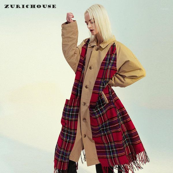 

zurichouse reversible coat long oversized spring windbreaker female 2020 fashion design patchwork plaid hem tassel trench woman1, Tan;black