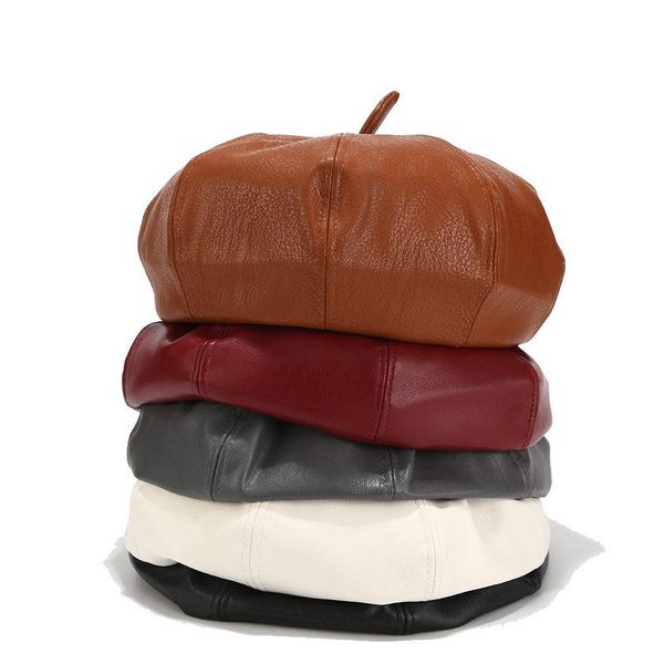 

new autumn winter pu leather berets hat women fashion solid vintage beanie ladies casual pumpkin hat fashion painter cap female, Blue;gray